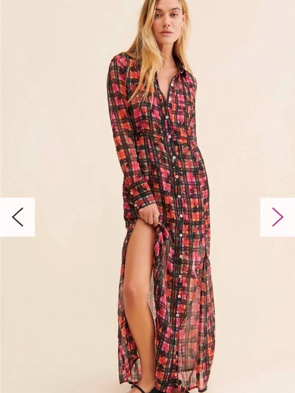 Free People Jerra Plaid Chiffon 2-in-1 Maxi Shirt/Mini Slip Dress